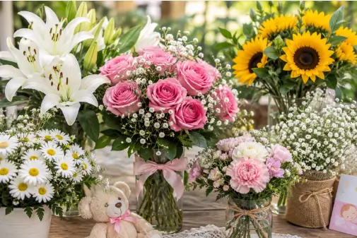 New Baby Flowers with pink roses, white lilies, daisies, sunflowers, and baby's breath for a newborn celebration