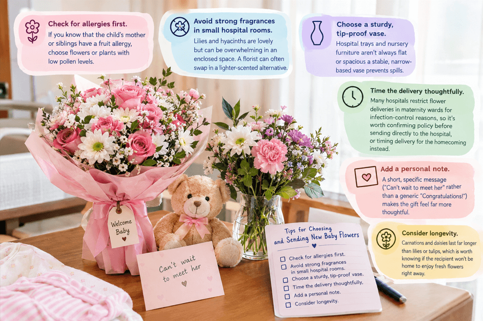 New Baby Flowers with practical tips for flower allergies, hospital delivery, safe vases, and long-lasting bouquets