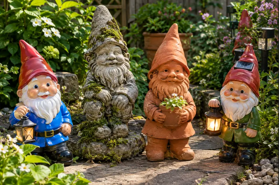 Different types of garden gnomes made from resin, stone, terracotta, and solar-powered designs in a flower garden