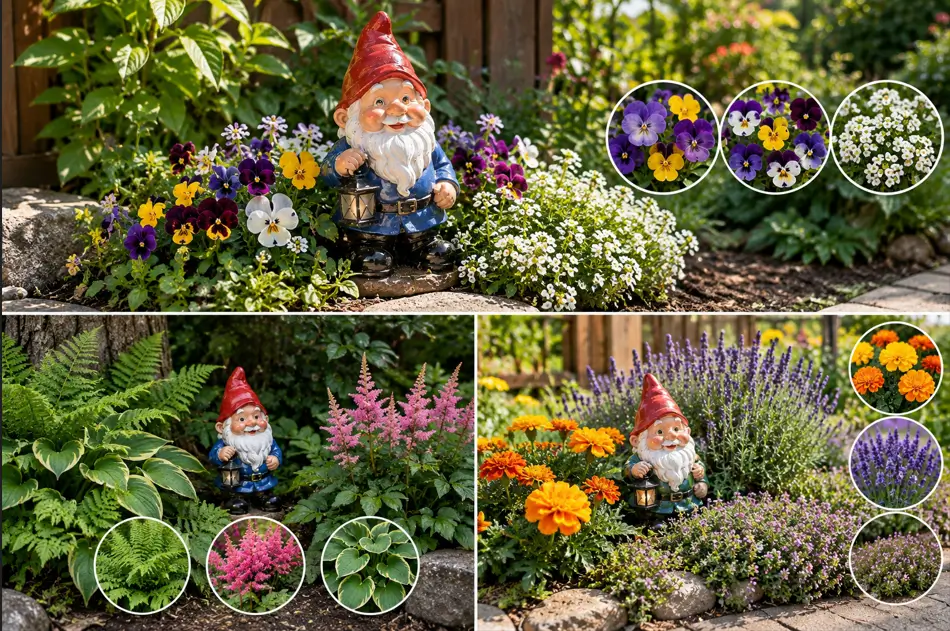 Small garden gnome surrounded by colorful pansies, violas, lavender, marigolds, and low-growing flowers in a beautiful garden
