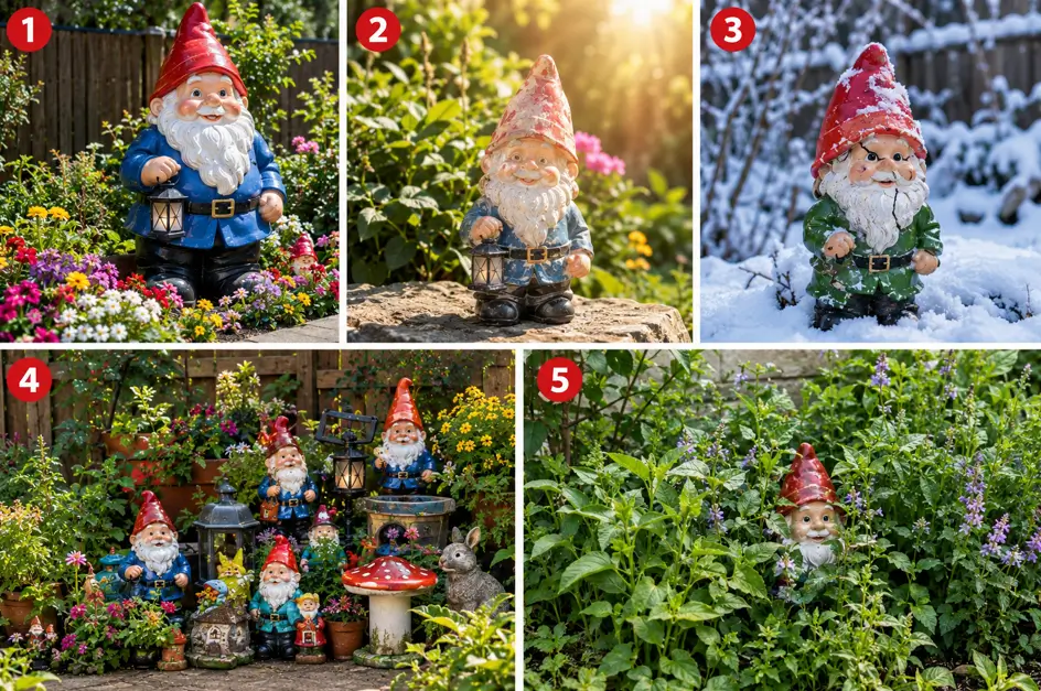 Common garden gnome mistakes including oversized statues, faded colors, weather damage, cluttered decorations, and overgrown plants