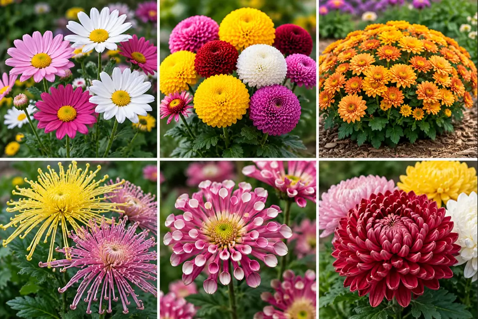 Different types of chrysanthemums including daisy, pompon, cushion, spider, spoon, and decorative mums