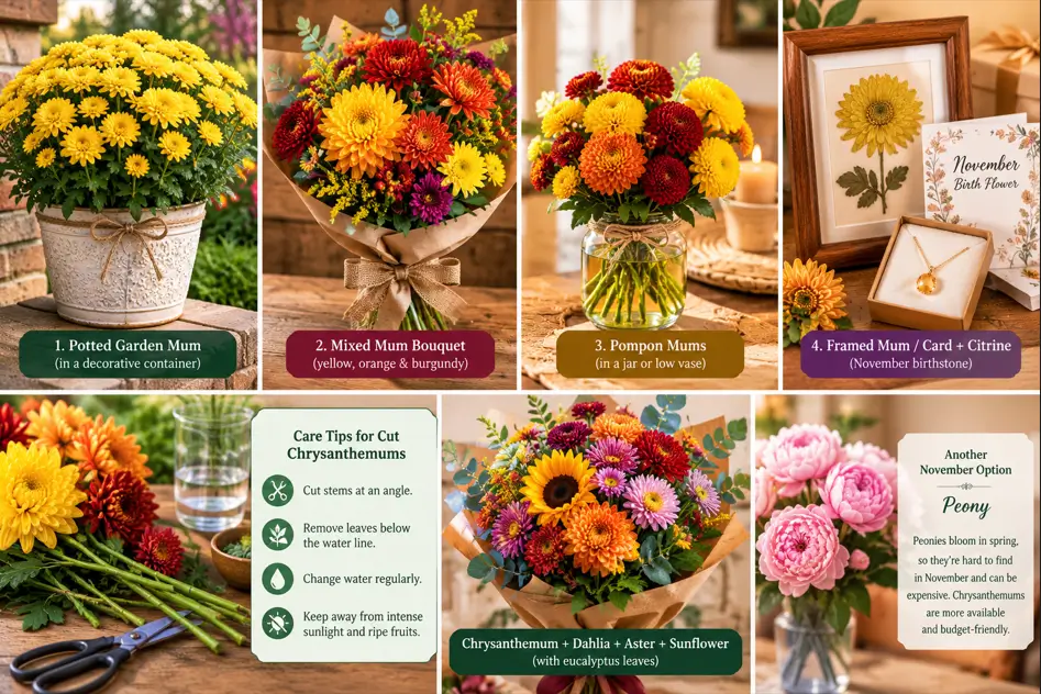 Chrysanthemum gift ideas including potted mums, autumn bouquets, pompon flower arrangements, and mixed seasonal flowers