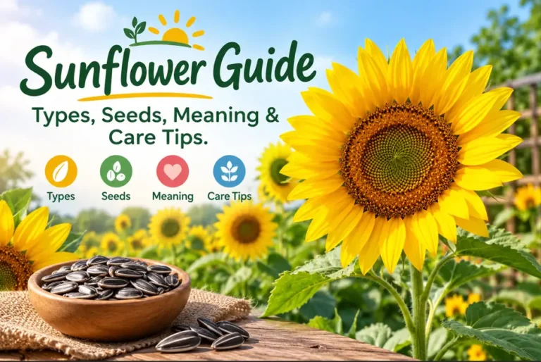 Sunflower guide showing yellow sunflower varieties, seeds, and garden care tips