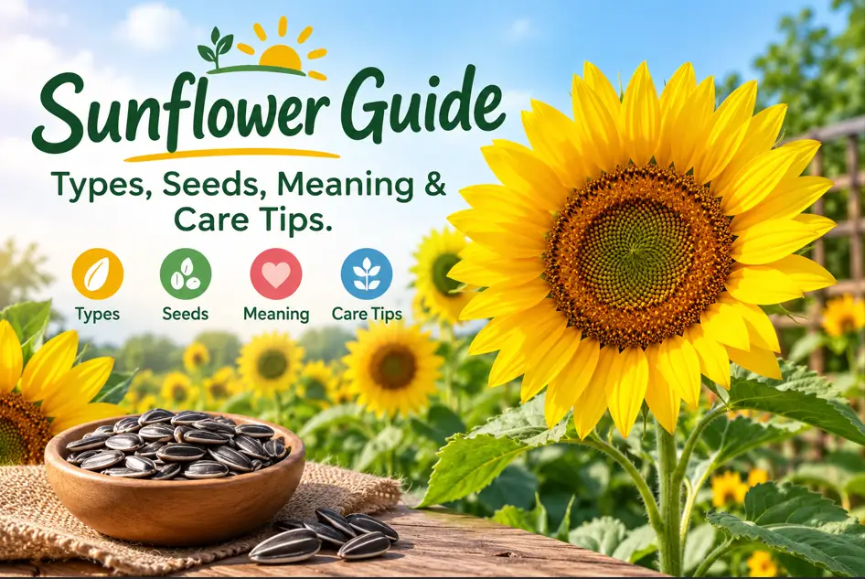 Sunflower guide showing yellow sunflower varieties, seeds, and garden care tips