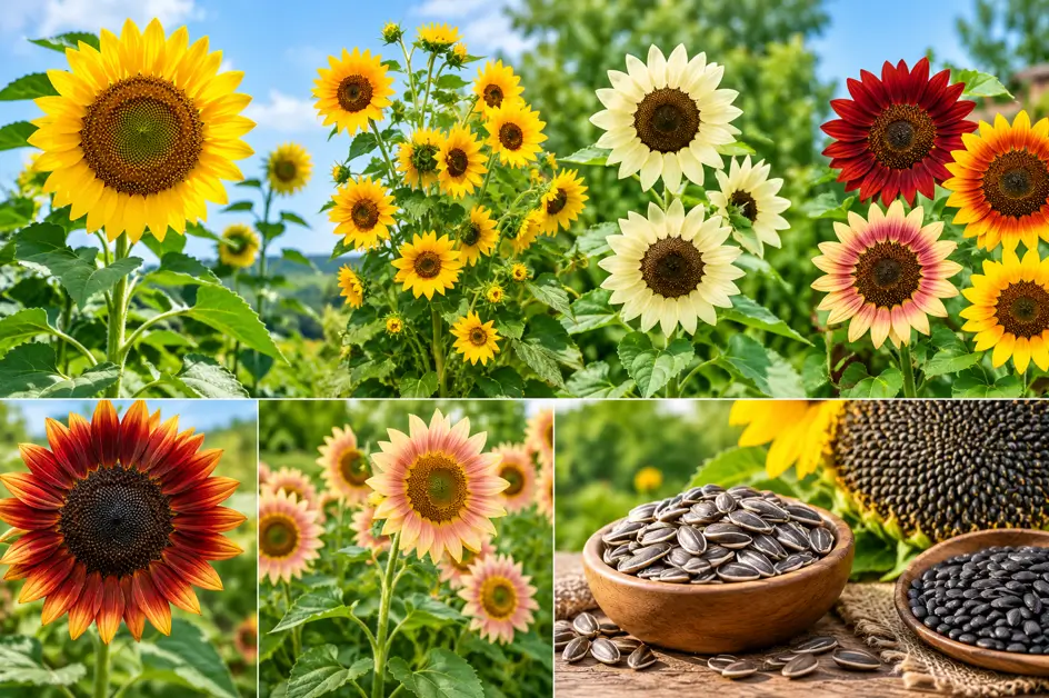 Different sunflower varieties including giant yellow, red, cream, and pink sunflowers with edible and oilseed sunflower seeds.